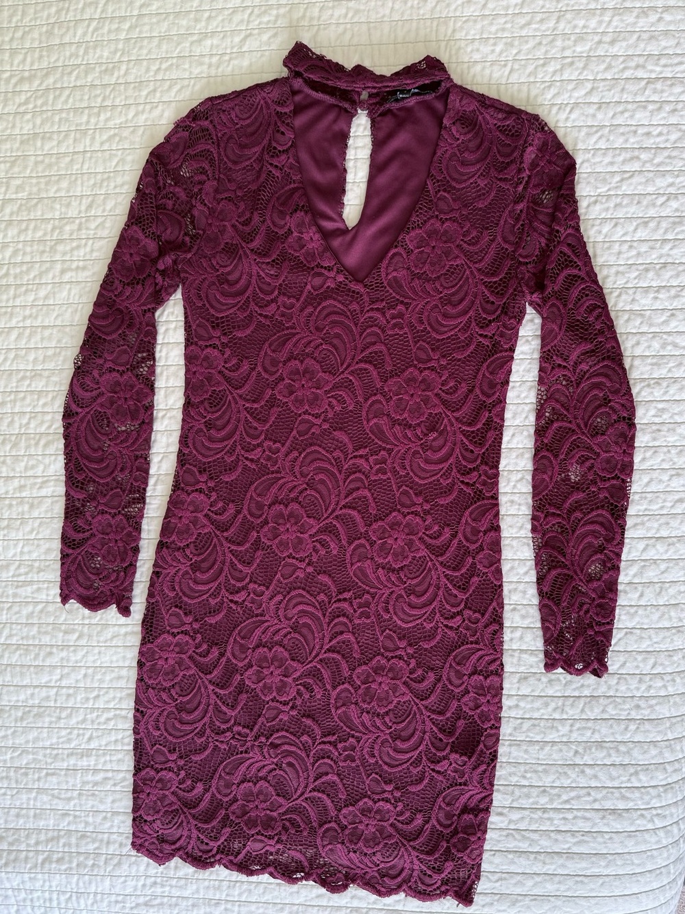 Ambiance Long Sleeve Lace V-Neck Dress in Burgundy